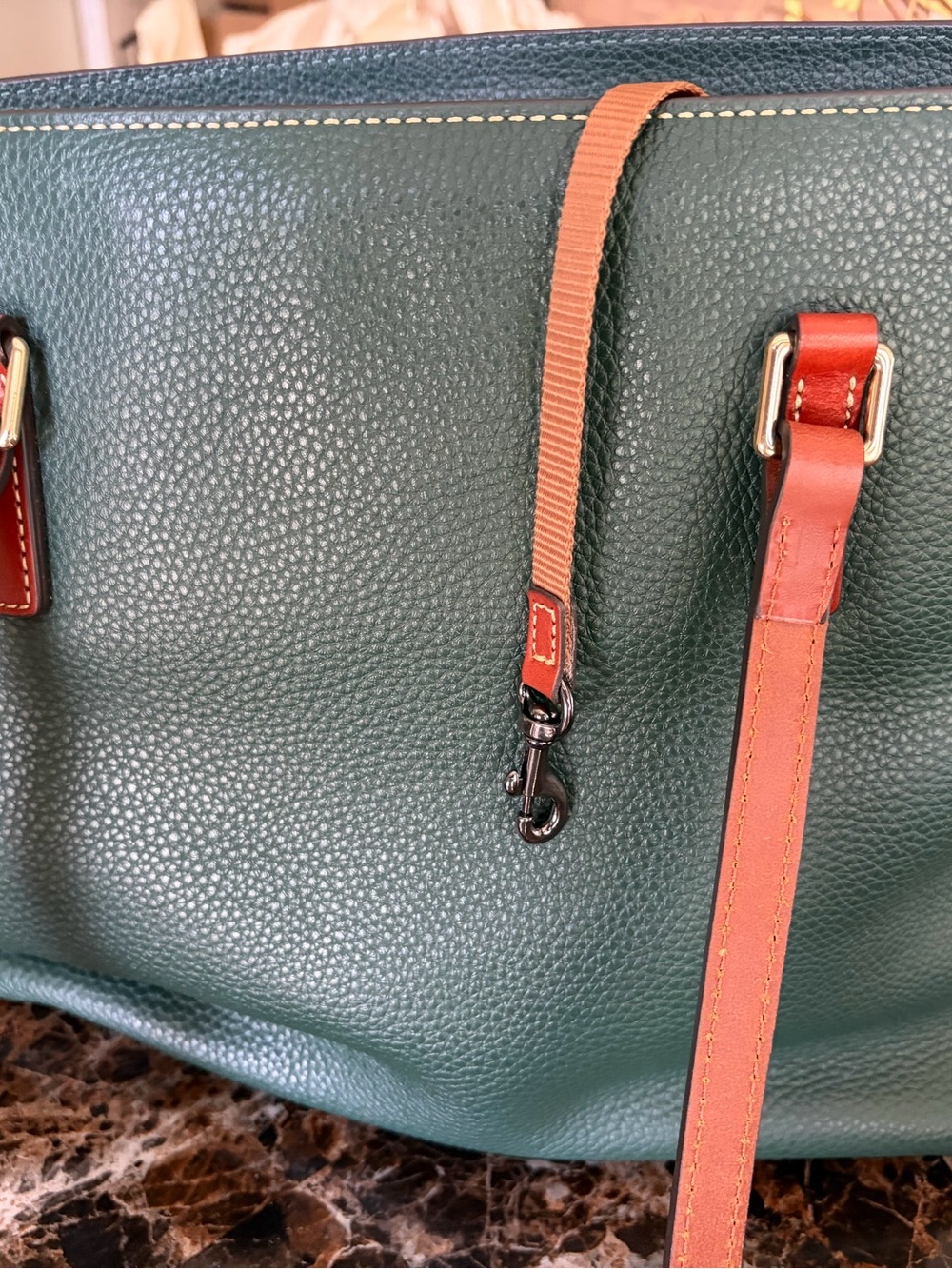 Dooney & Bourke Forest Green Pebbled Leather Tote with Brown Trim - Picture 8 of 8
